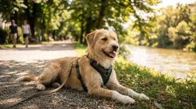 Zufriedener Hund mit Y-Geschirr und lockerer Leine im Schatten an der Mur in Graz an einem heißen Sommertag