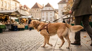 Hund im gut sitzenden Y-Geschirr geht an lockerer Leine entspannt neben seiner Halterin über einen Grazer Platz im Frühherbst